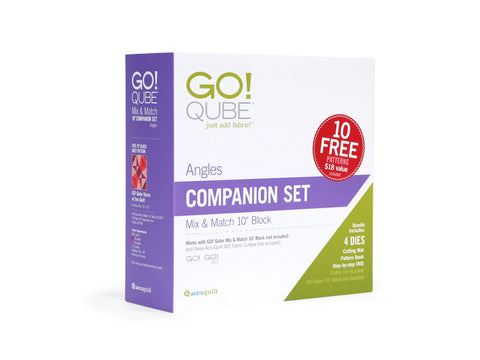 AccuQuilt Qube Companion Angles 10" set with 4 dies, cutting mat, pattern book, and DVD.