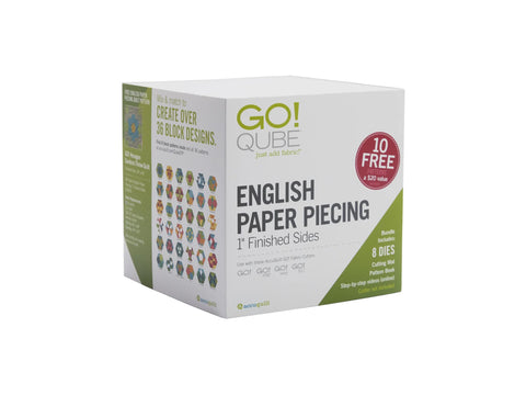 A white box for AccuQuilt Qube English Paper Piecing, showing quilt patterns and product details.