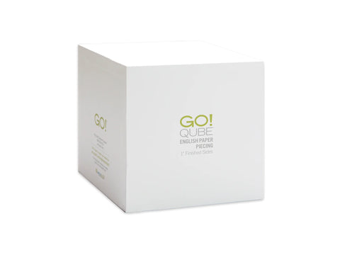 A white cube-shaped box with "GO! QUBE ENGLISH PAPER PIECING 1" Finished Sides" printed on the front.