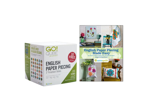 A white box for AccuQuilt Qube English Paper Piecing with images of quilts and projects.