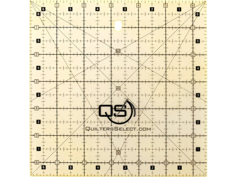 A clear, square quilting ruler with black grid lines, numbers, and a "Quilters Select" logo.