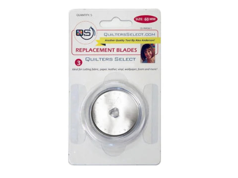 A package of three Quilters Select 60mm rotary replacement blades.