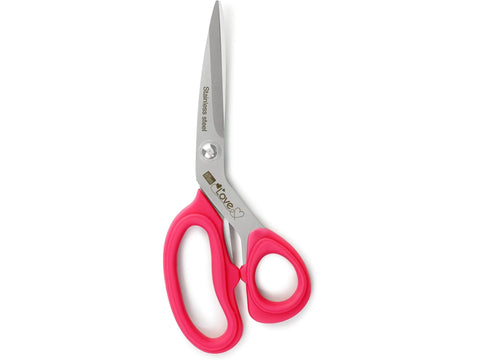Prym Love 8-inch dressmaker scissors with pink handles and stainless steel blades.