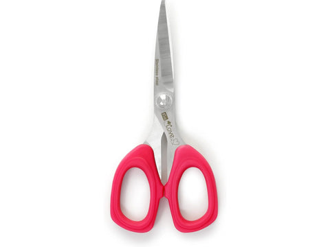 Prym Love 5-1/4 inch sewing scissors with pink handles and stainless steel blades.
