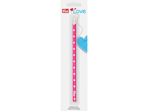 Prym Love pink marking pencil with white polka dots and white lead.