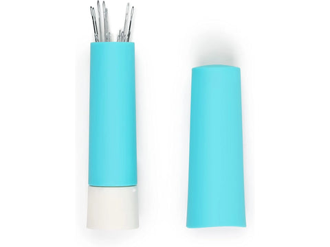 A turquoise and white needle twister holds 19 hand needles, with its cap resting beside it.