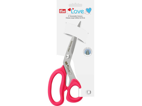 Prym Love 8 inch dressmaker scissors with pink handles and stainless steel blades.