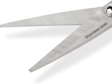 Stainless steel sewing scissors with one micro-serrated blade and "Stainless Steel" engraved.