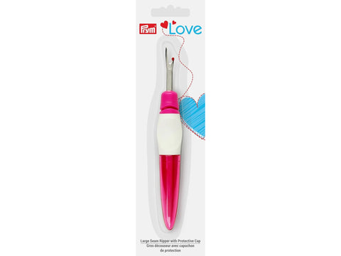 Prym Love large seam ripper with a pink and white ergonomic handle and protective cap.