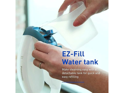 A person pours water into the blue and white Panasonic cordless iron.