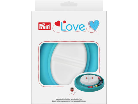 Prym Love Magnetic Pin Cushion with Bobbin Ring in white and teal.