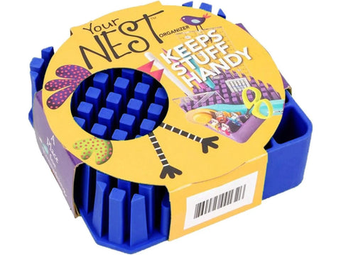 A blue "Your Nest" organizer with a yellow label featuring a bird design.