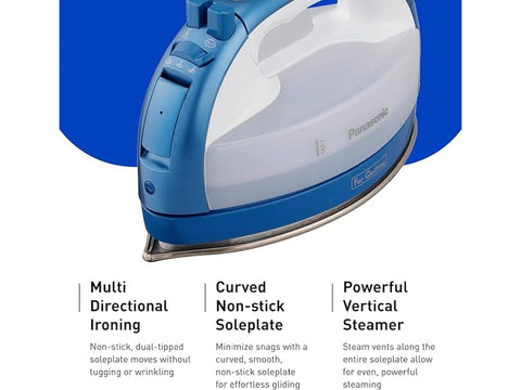 Blue Panasonic cordless iron with a white water tank.
