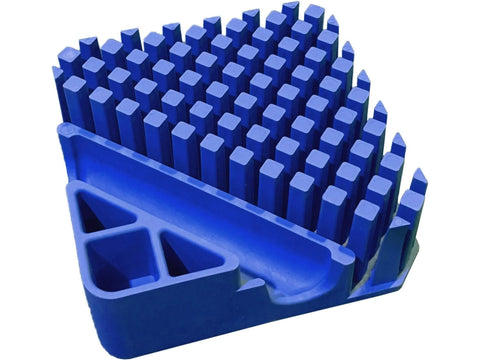 A blue organizer with many square-topped pegs and a curved trough.