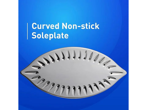 A silver iron soleplate with steam holes is centered on a blue background.