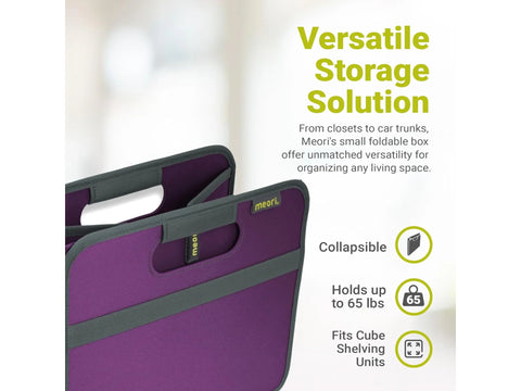 Midnight magenta Meori foldable mini box with text overlay describing features.