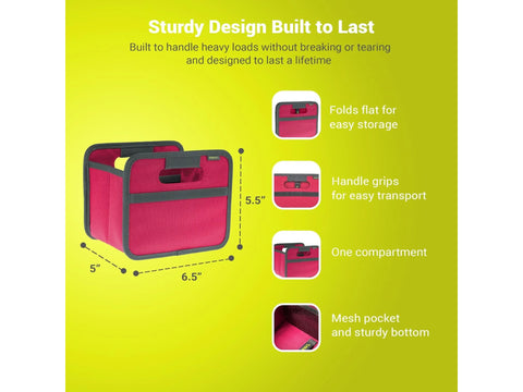Berry pink Meori foldable mini box with dimensions and feature callouts.
