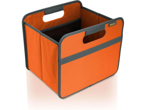 Tangerine orange Meori foldable mini box with gray trim and handles.