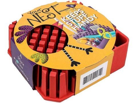 A red organizer with flexible dividers, featuring a yellow and purple label with a bird design.