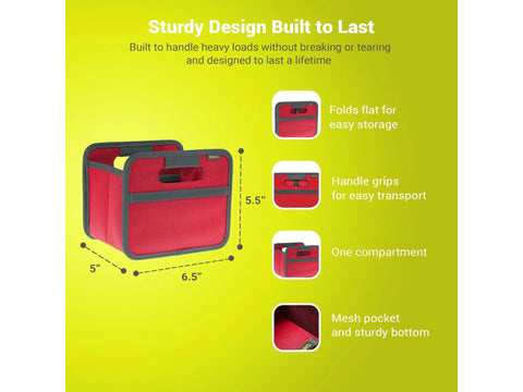 A red Meori foldable mini box with dimensions 5.5" high, 6.5" wide, and 5" deep.
