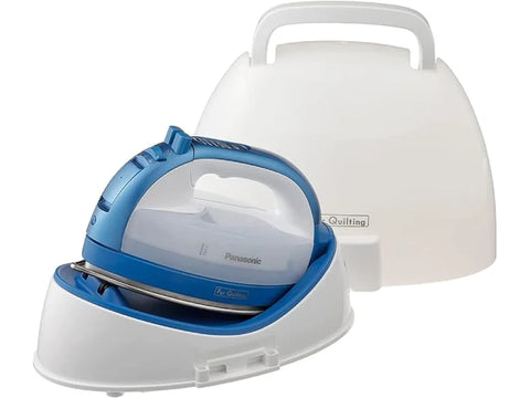 A blue and white Panasonic cordless iron with a charging base and protective cover.
