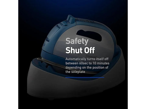 Blue Panasonic cordless iron with a white base, displaying "Safety Shut Off" text.