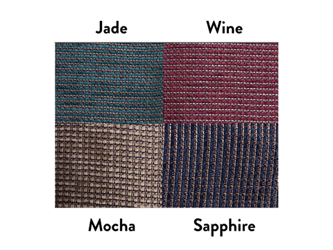 Four fabric swatches are shown: Jade, Wine, Mocha, and Sapphire.