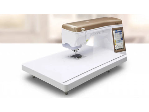 A white and brown sewing machine with a large extension table.