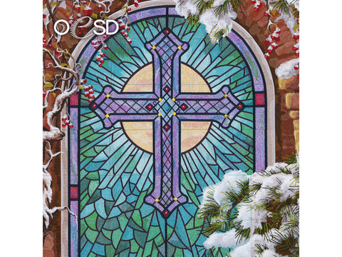 OESD Christmas Church Window by Dona Gelsinger with snow-covered branches and berries.