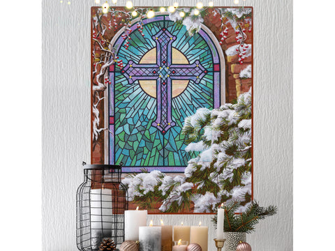 A Christmas church window tiling scene with a stained glass cross, snow, and winter berries.