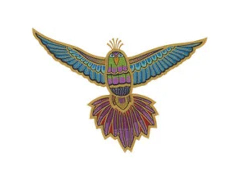 Colorful winged bird with a green head and purple body, wings spread wide.