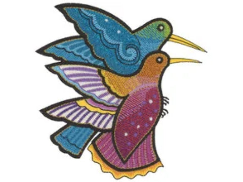 Two colorful, stylized hummingbirds with long beaks are stacked vertically.