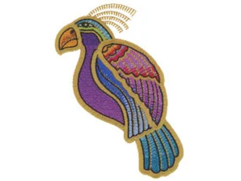 A colorful embroidered bird with a purple body, blue wings, and an orange beak.