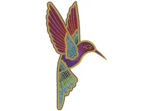 A colorful hummingbird with purple, red, and blue wings.