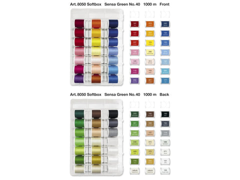 Madeira Sensa Green Softbox with 42 spools of thread in various colors.