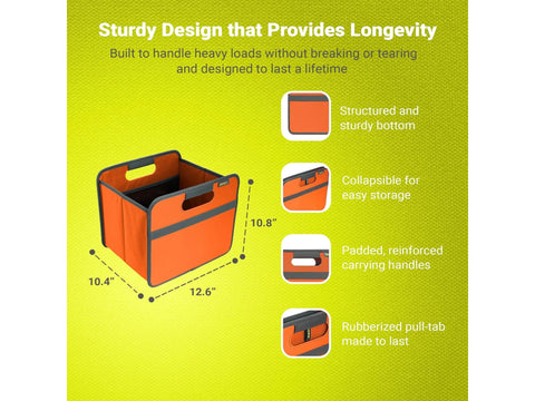 Tangerine orange foldable storage box with dimensions 10.4 by 12.6 by 10.8 inches.