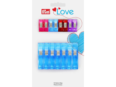 A package of 15 Prym Love fabric clips in various colors and sizes.