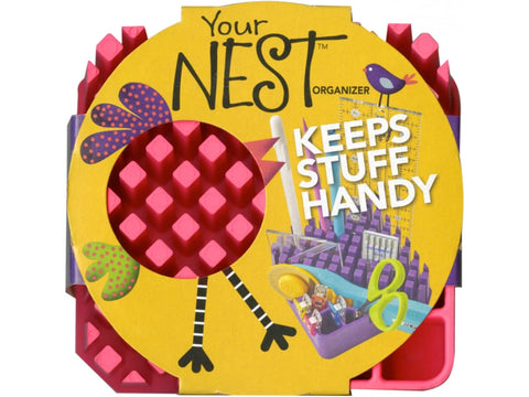 A pink and yellow "Your Nest" organizer with a flamingo design.