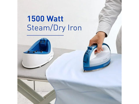 A person irons a white shirt with a blue and white cordless iron on an ironing board.
