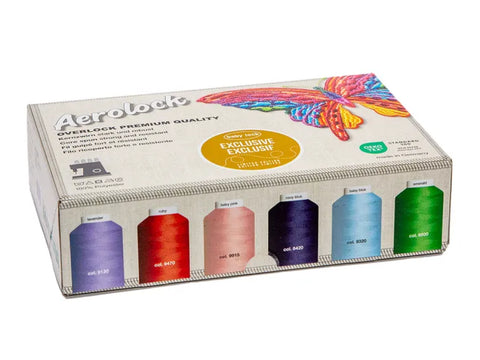 Madeira Aerolock serger thread set with six spools in various colors.