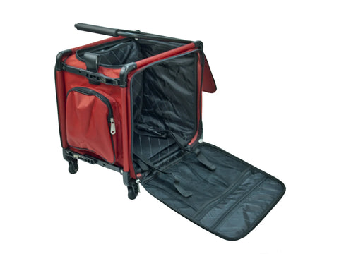 Red Tutto 17" Serger on Wheels Trolley, open to show its black interior.