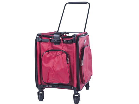 Red Tutto 17" Serger on Wheels Trolley with an extended handle and multiple pockets.
