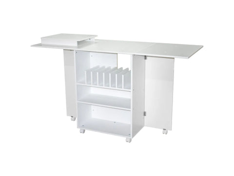 White quilting and cutting table with storage shelves and a raised platform.