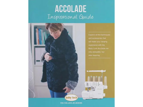 An Accolade Inspirational Guide features a woman in a black faux fur jacket and a sewing machine.