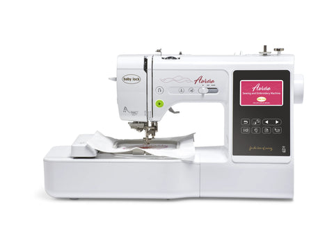 A white Baby Lock Aurora sewing and embroidery machine with a pink screen.