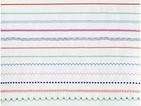 A white fabric swatch displays 12 rows of colorful, decorative machine embroidery stitches.