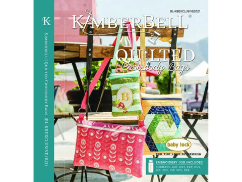 Three quilted crossbody bags in various patterns hang from a wooden chair.