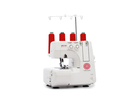 A white Baby Lock Vibrant serger with four red spools of thread on a white background.