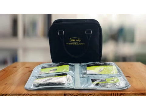 Baby Lock Euphoria 10 Piece Foot Kit in a black carrying case.