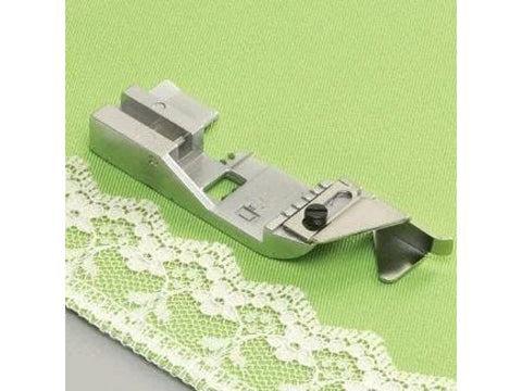 Lace applicator foot for an 8-thread serger, shown on green fabric with white lace.